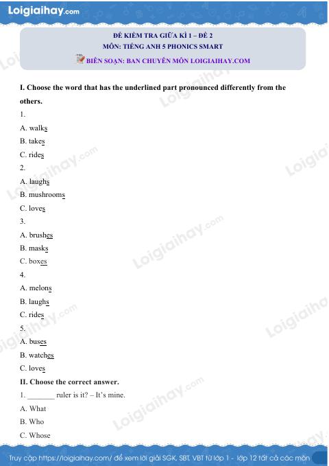 Đề thi giữa kì 1 Tiếng Anh 5 Phonics Smart - Đề số 2
